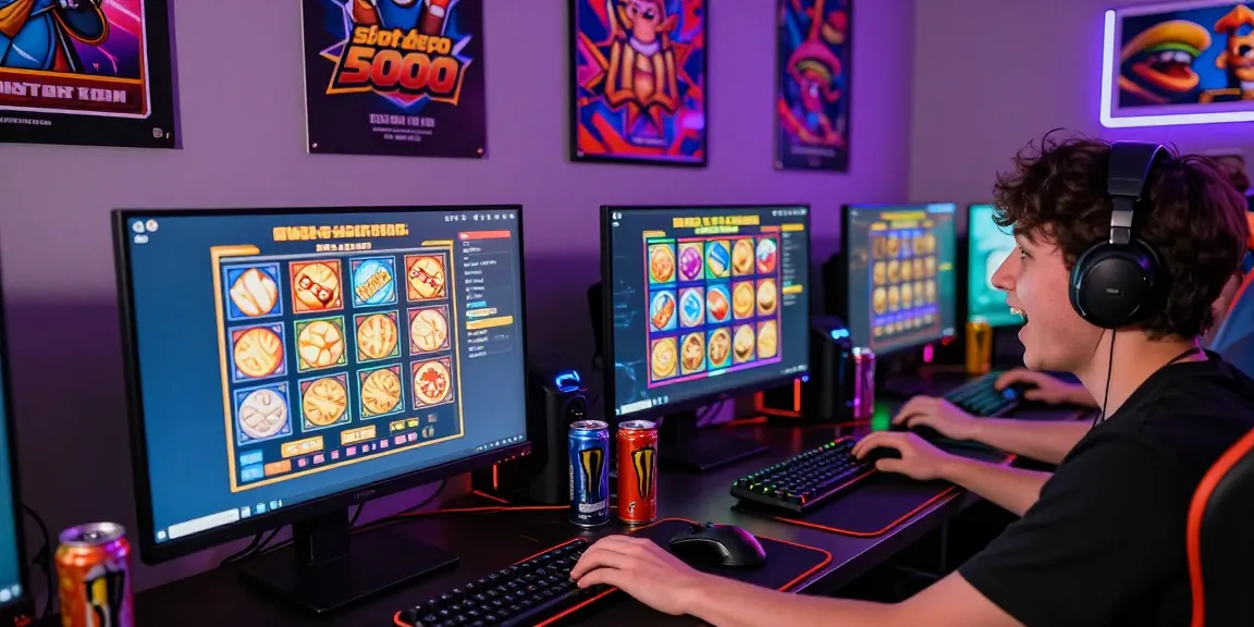 Exciting player enjoying slot depo 5000 gaming on multiple screens in a colorful LED-lit room.