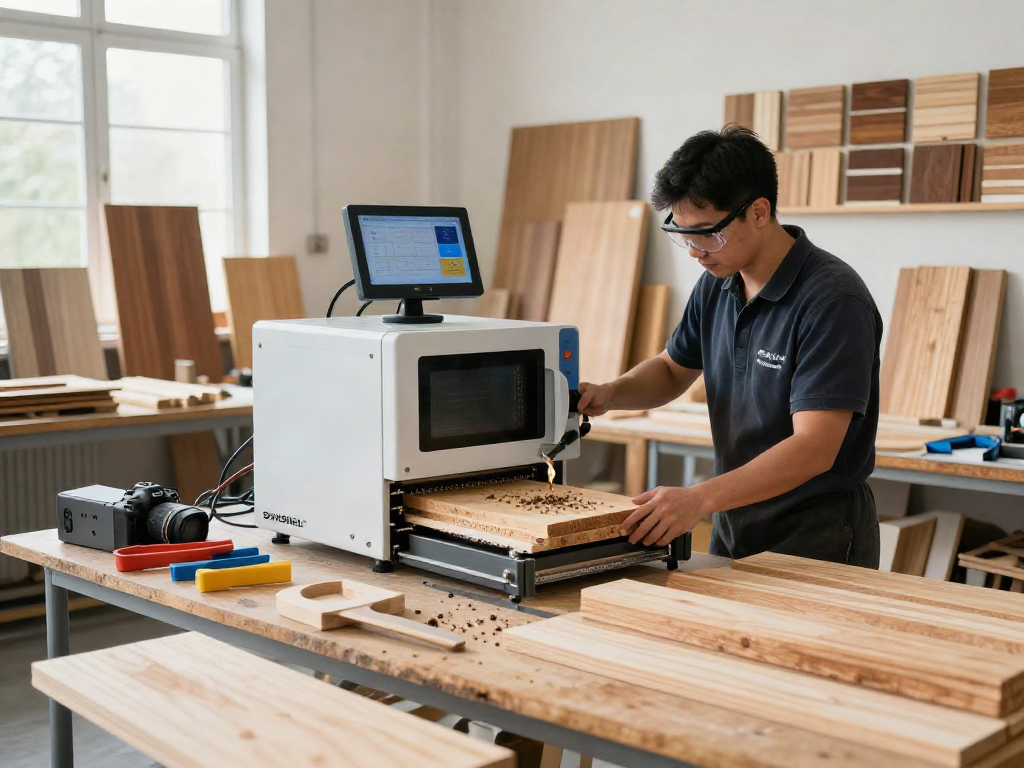 SHASHEL® technician operating microwave equipment for wood treatment in a professional workshop.