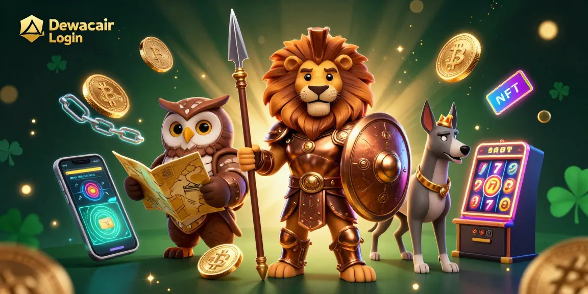 Dewacair Login illustration showcases a Spartan lion in bronze armor surrounded by crypto elements and a colorful casino vibe.