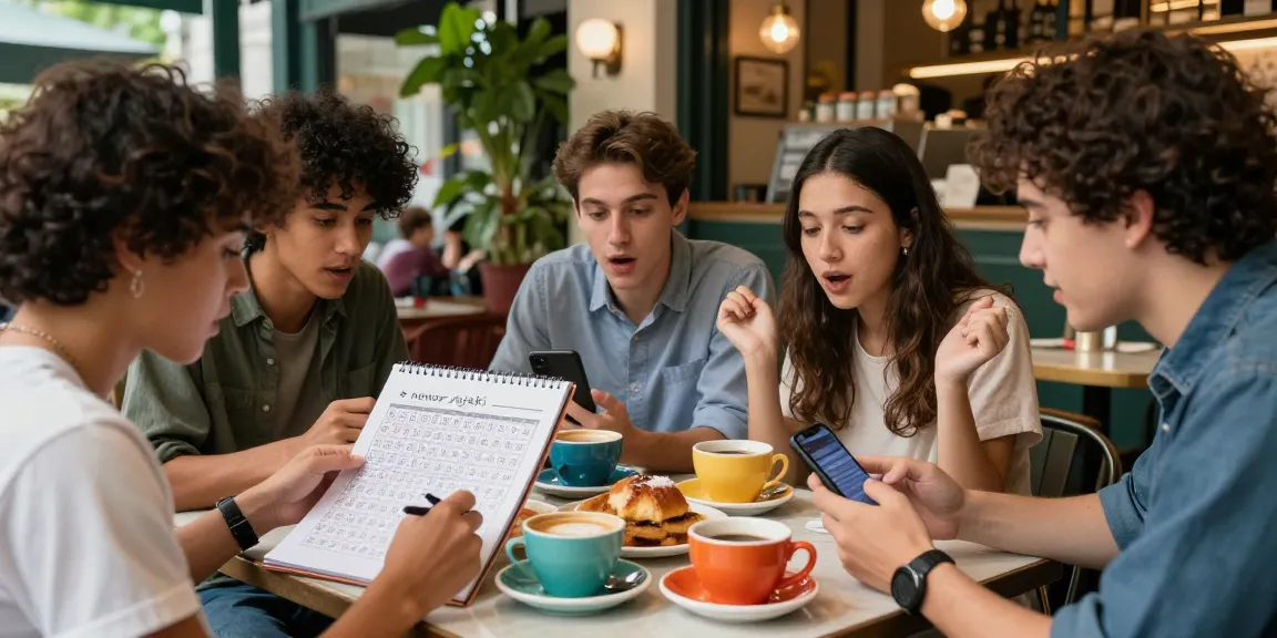 Teman-teman membahas nomor rejeki sambil menikmati kopi di kafe.