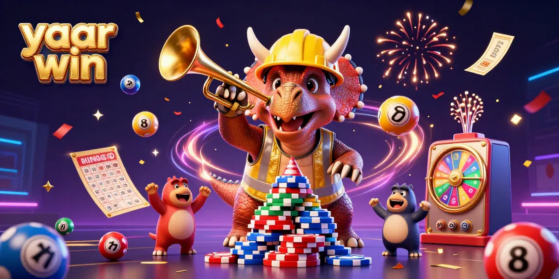 Join the celebration with yaar win as triceratops builds poker chip pyramid amidst colorful games.