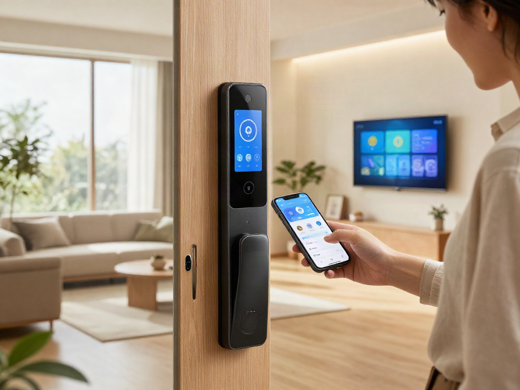 خرید قفل هوشمند with a user controlling electronic lock in a modern home.