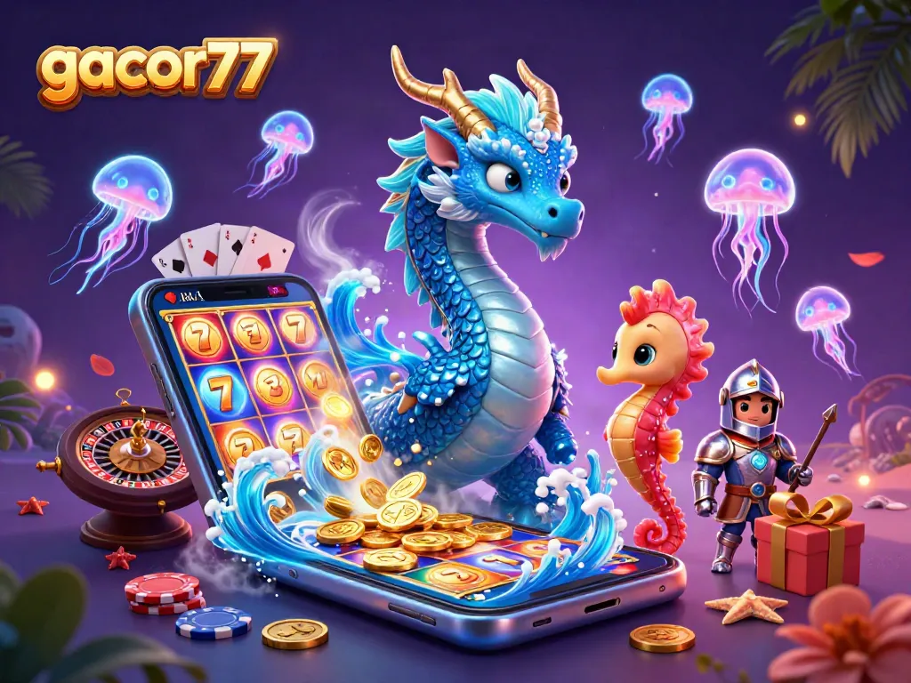 Permainan gacor77 dengan naga air 3D dan kuda laut berani, dikelilingi elemen slot dan poker.