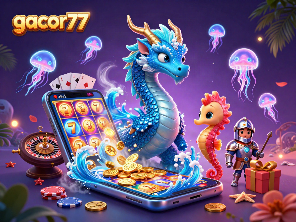 Permainan gacor77 dengan naga air 3D dan kuda laut berani, dikelilingi elemen slot dan poker.