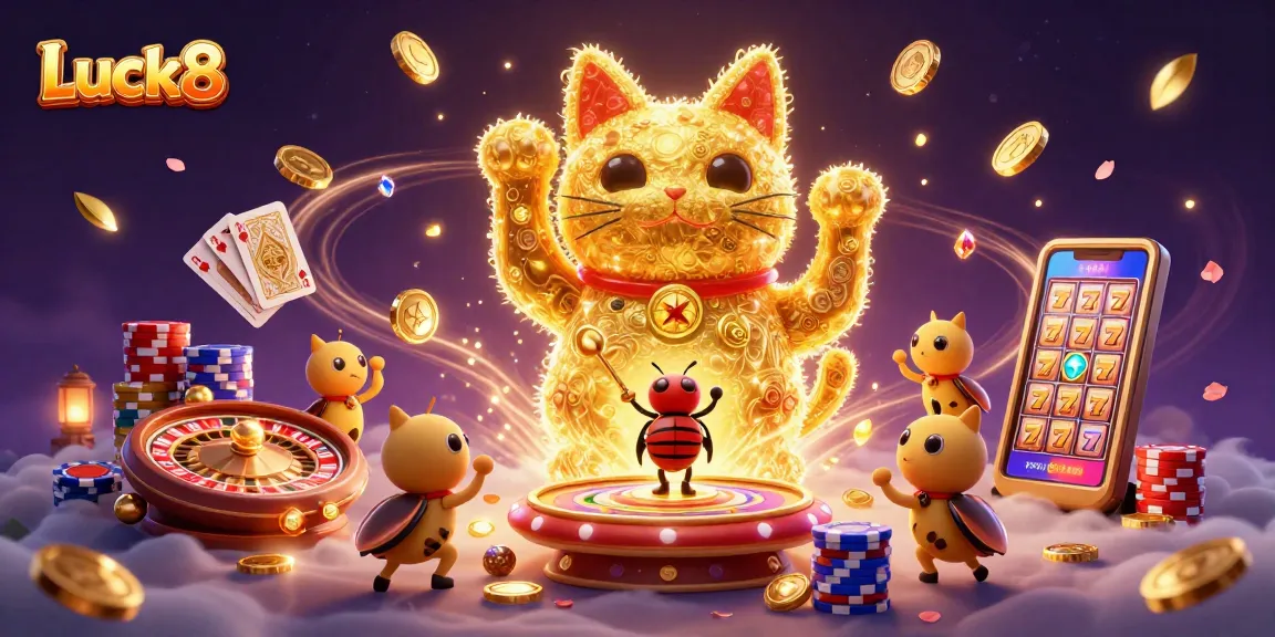 Experience thrilling gameplay with Luck8, featuring a giant lucky cat and casino symbols.