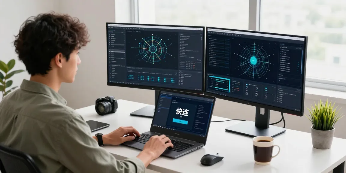 快连 VPN application displayed on dual monitors in a tech workspace, highlighting productivity and network optimization.