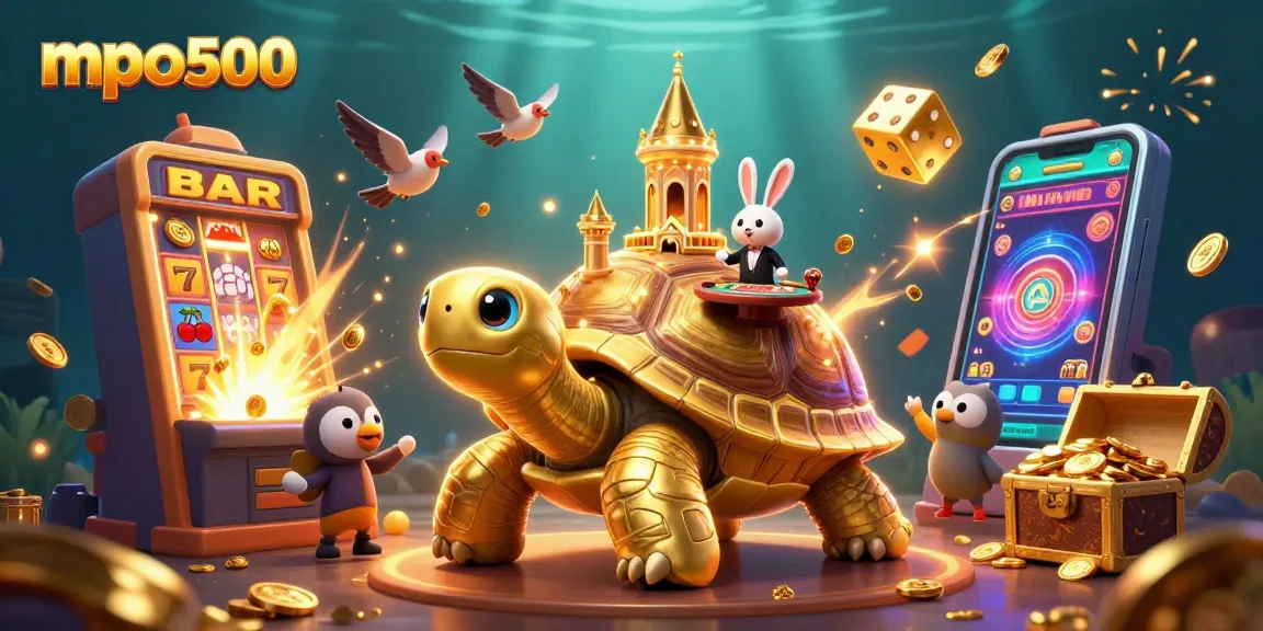 Experience the excitement of mpo500 with this vibrant 3D illustration featuring a golden tortoise casino.