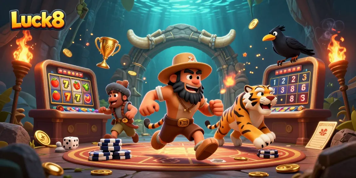 Experience thrilling gameplay and win big at Luck8 with dynamic slot reels and colorful casino scenes.