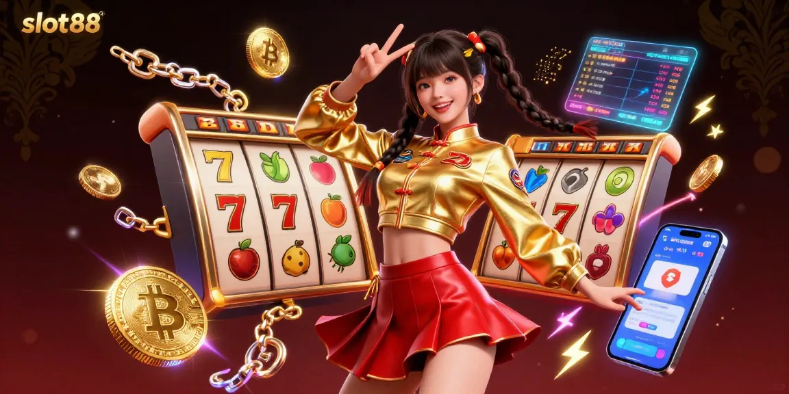 Experience thrilling slot88 action with 3D slot reels and jackpot symbols around a joyful character.