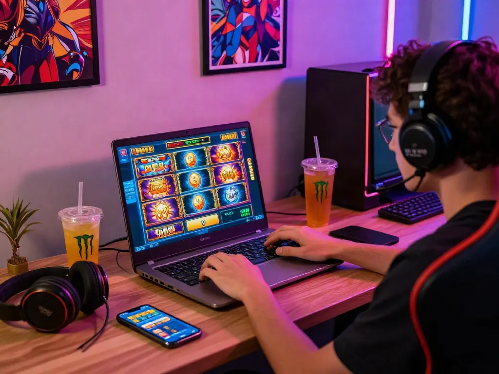 Engaging slot online gaming setup with vibrant graphics and a cozy atmosphere, showcasing a user immersed in gameplay.