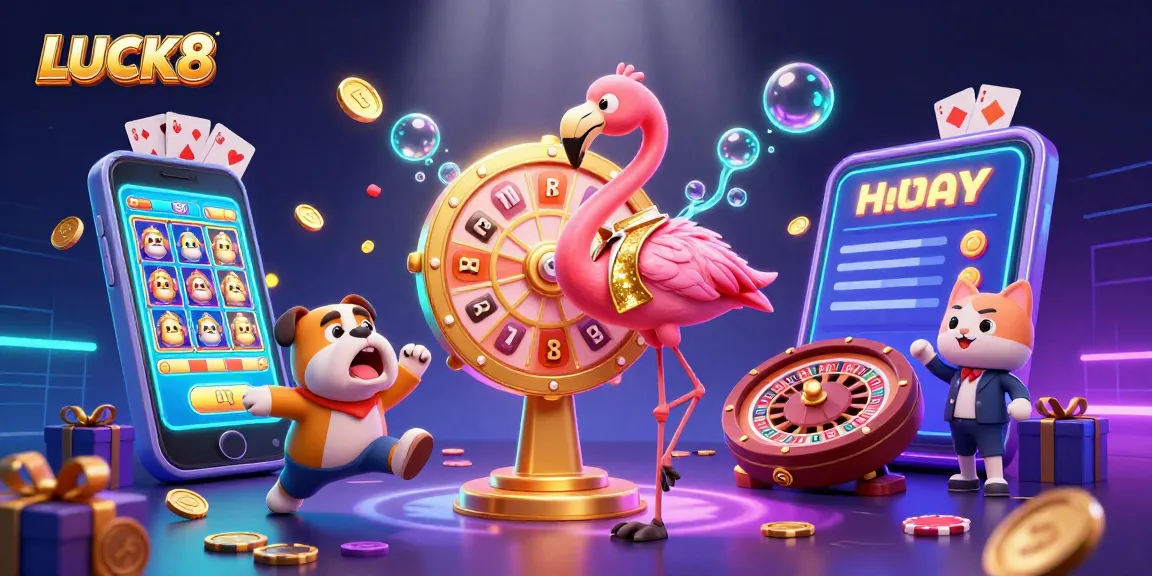 LUCK8 excitement illustrated with a game show host, bulldog contestant, and prizes galore