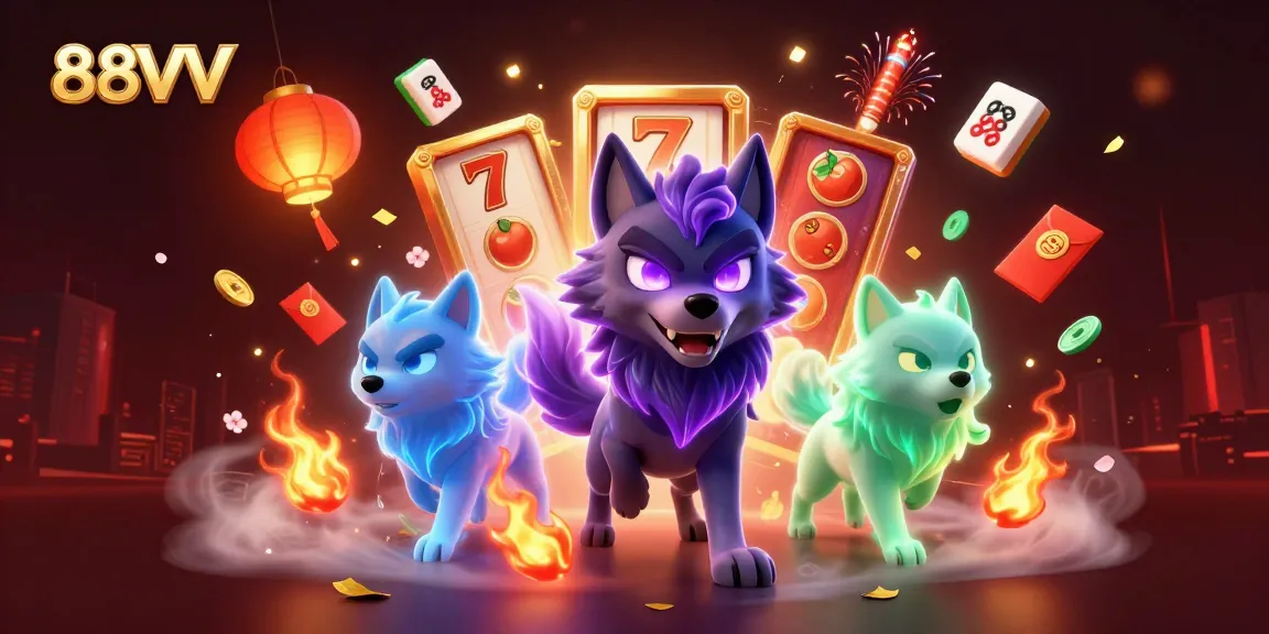 Engage with 88VV through this vibrant and dynamic 3D casino illustration featuring a shadow wolf leader and exciting game elements.