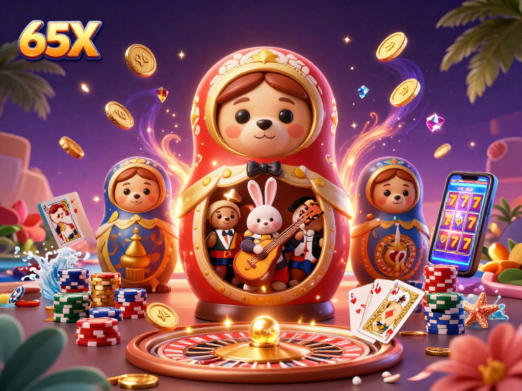 O jogo nos slots 65X apresenta ursos Matryoshka e muitos itens de cassino vibrantes.