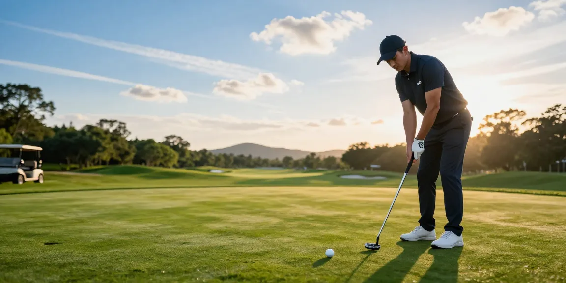 Ulasan putter NAGA2000 di https://puttperfection.com/putter-reviews dengan pegolf bersiap melakukan putting di lapangan golf saat matahari terbenam.