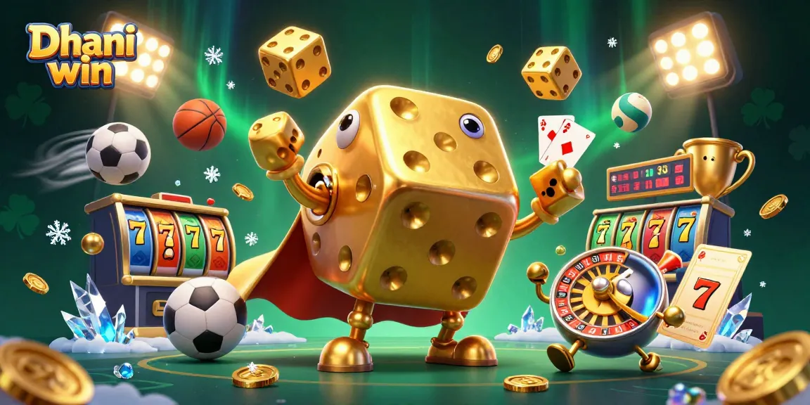 Dive into Dhani win with a lively casino scene featuring a golden dice golem and dynamic gameplay elements