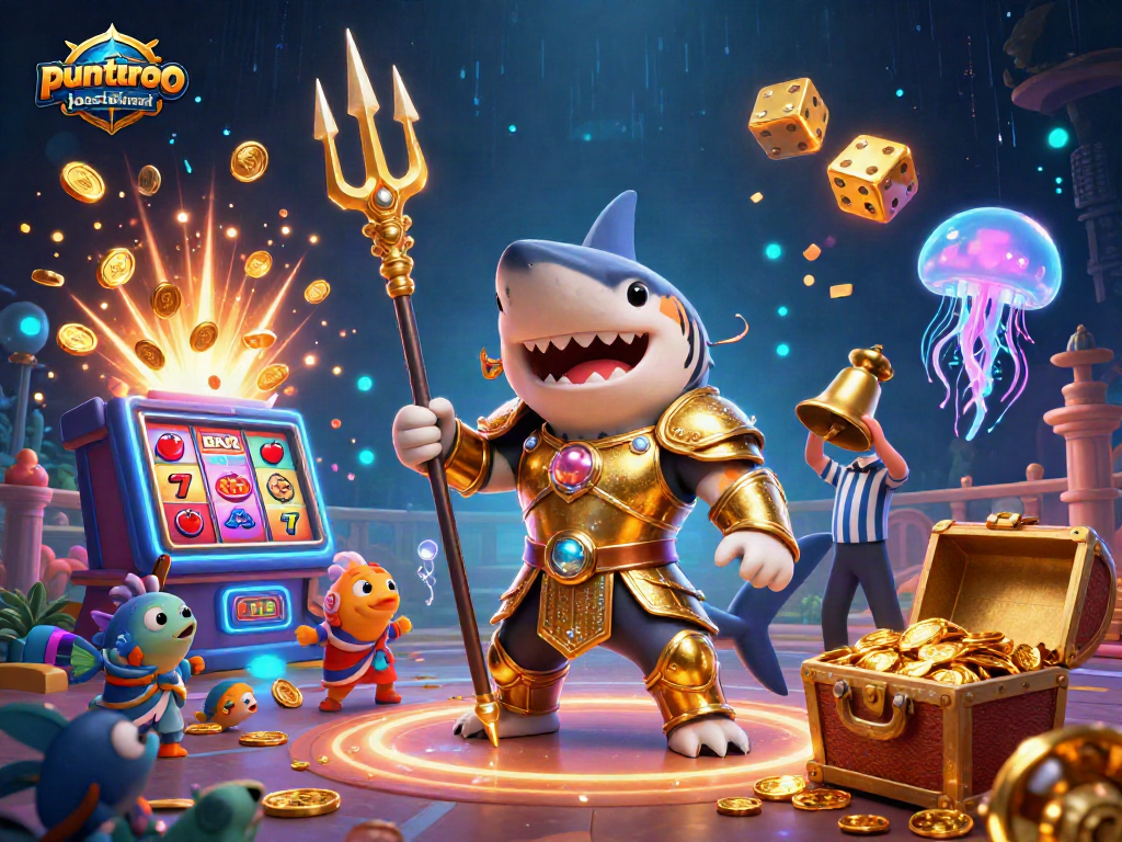 Puntorojorestaurant creates excitement with a colorful underwater casino scene featuring a tiger shark, slot machine, and vibrant game elements.