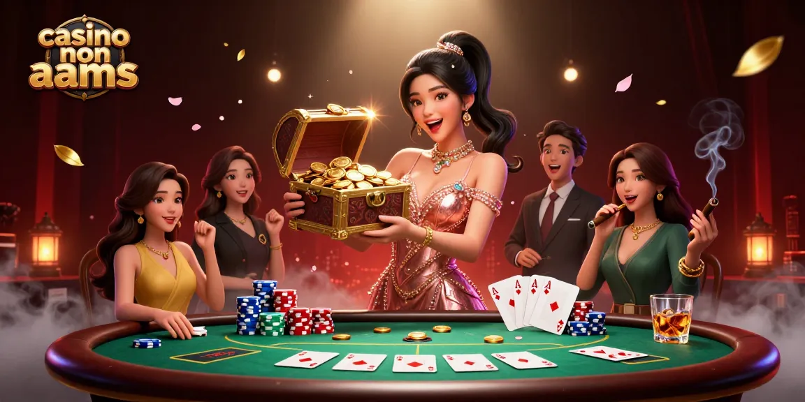 Vivi l'emozione dei casinò non AAMS con una splendida donna asiatica che presenta tesori da una scena a tema poker.