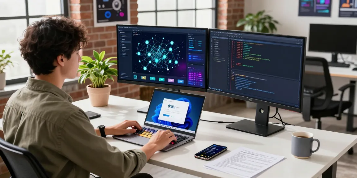 Professional workspace featuring 快连 application interface on monitors, showcasing a dynamic tech environment.