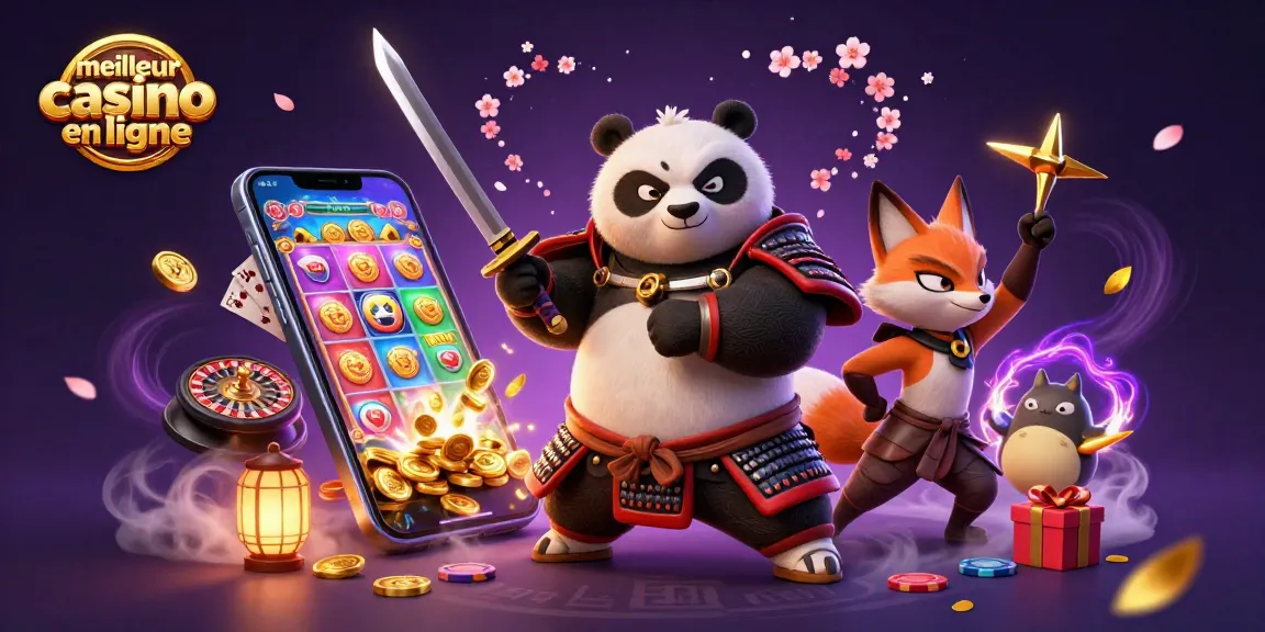 Découvrez le meilleur casino en ligne avec une illustration de samouraï panda et un renard ninja jouant aux jeux de casino.