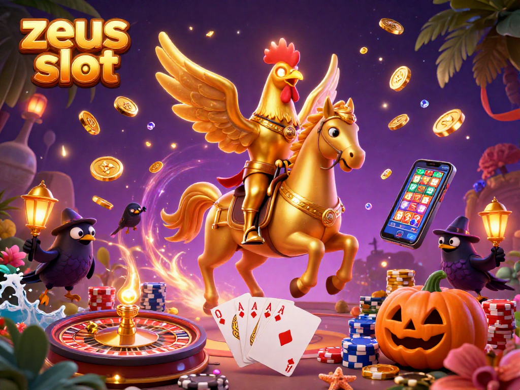 Experience thrilling action with zeus slot featuring a golden rooster in a mystical casino filled with treasures.