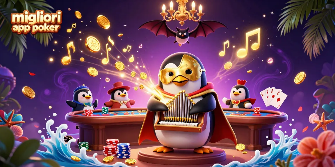 Scopri le migliori app poker mentre gioca il pinguino fantasma su un tavolo da poker, circondato da monete colorate e dettagli vivaci.