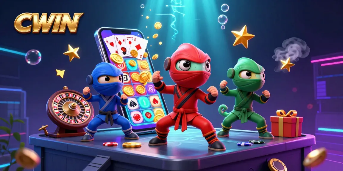 CWIN ninja chameleons celebrate with brightly animated slot games, showcasing vibrant casino excitement.