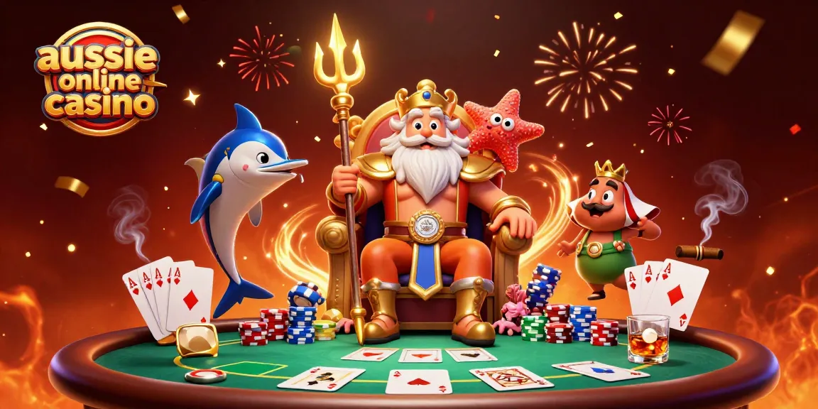 Aussie online casino scene with Neptune and samurai at a poker table celebrating wins