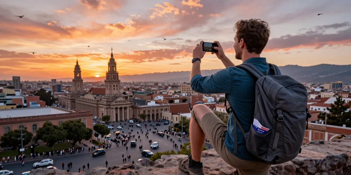 Traveler admiring a cityscape during sunset while looking to visit website attractions.