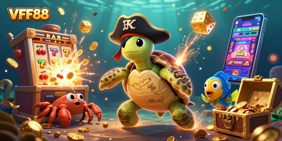 Engage with VFF88 in this vibrant scene showcasing a pirate turtle and treasure amidst bursting slot machines.