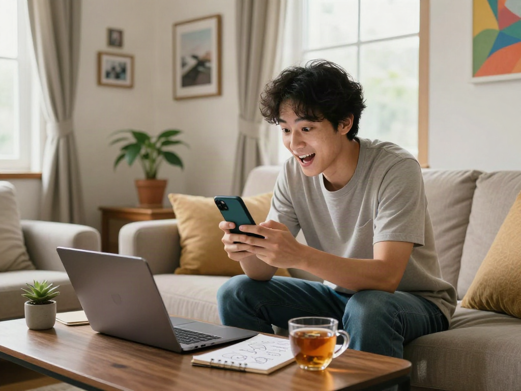 Engage with age perception technology: how old do I look? Young adult enjoying a lifestyle moment with age estimation app.