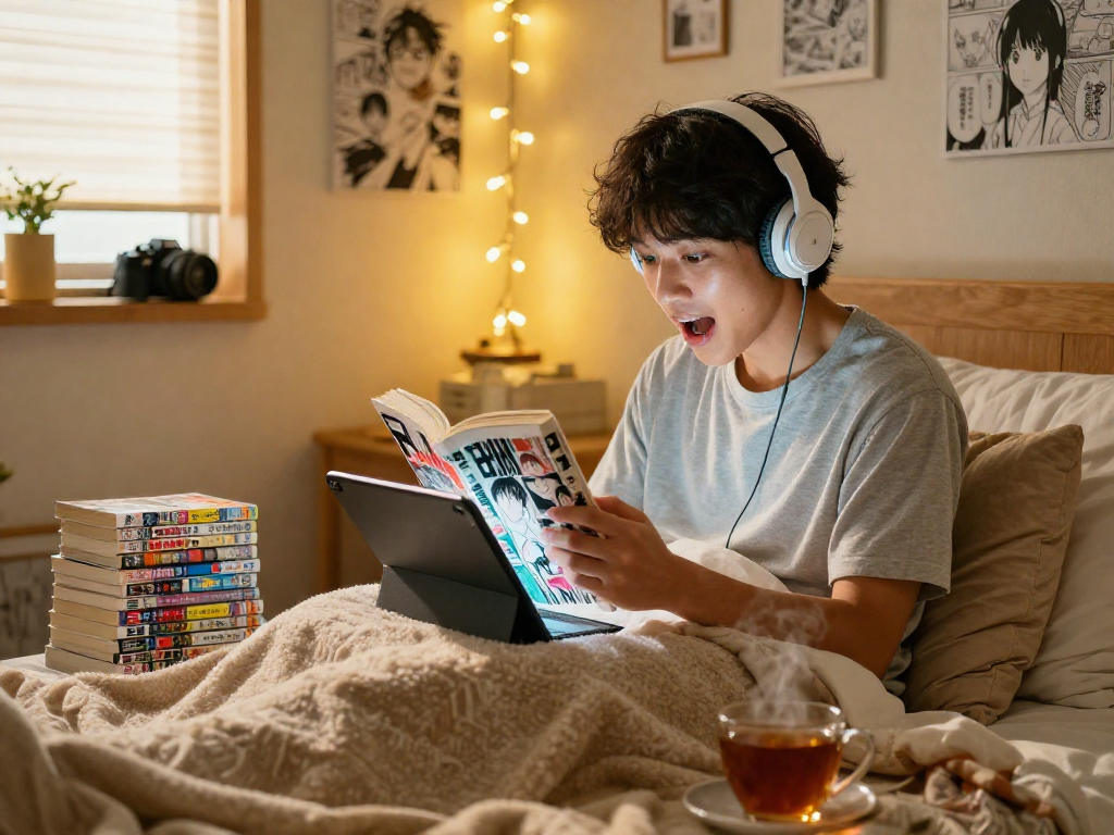 Read Hitomi Manga in a cozy bedroom setting, young adult immersed in colorful manga with a tablet, surrounded by cushions and warm lights.