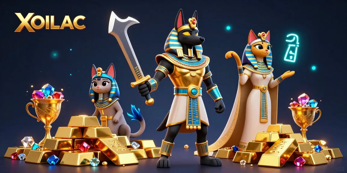 Place sports bets on XOILAC with ancient Egyptian characters amid gold treasures in a vibrant digital illustration.