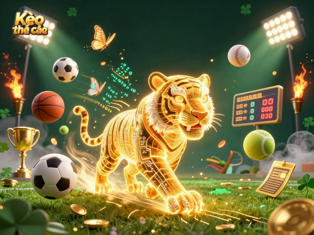 Kèo nhà cái showcases a neon-wireframe tiger in a vibrant sports betting landscape filled with dynamic sports elements and trophies.