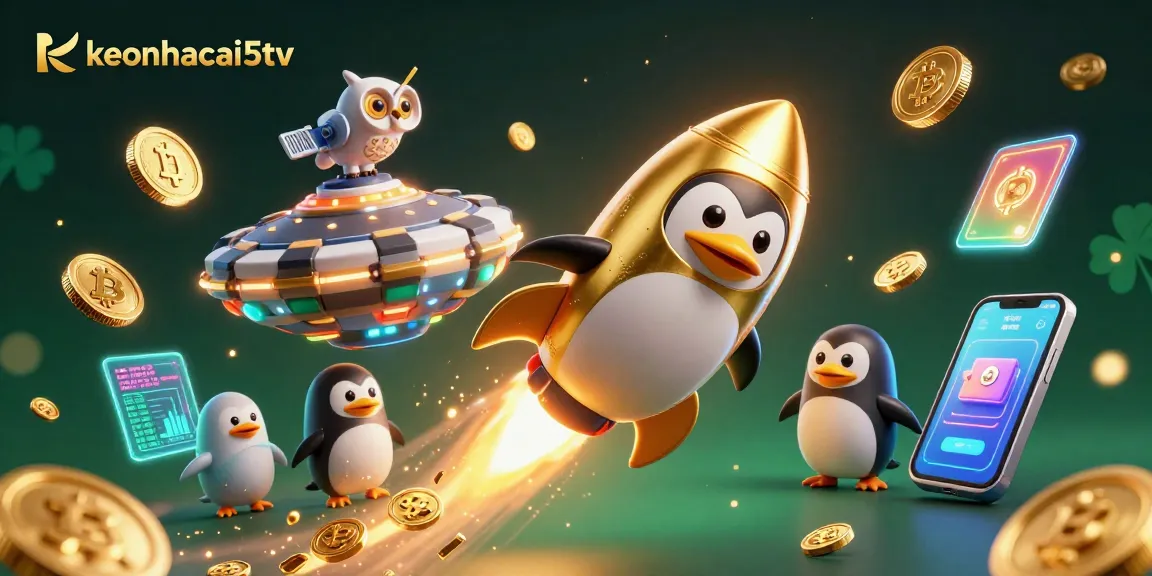 Engage with the exciting world of keonhacai5tv featuring a golden penguin constellation amidst vibrant casino elements.