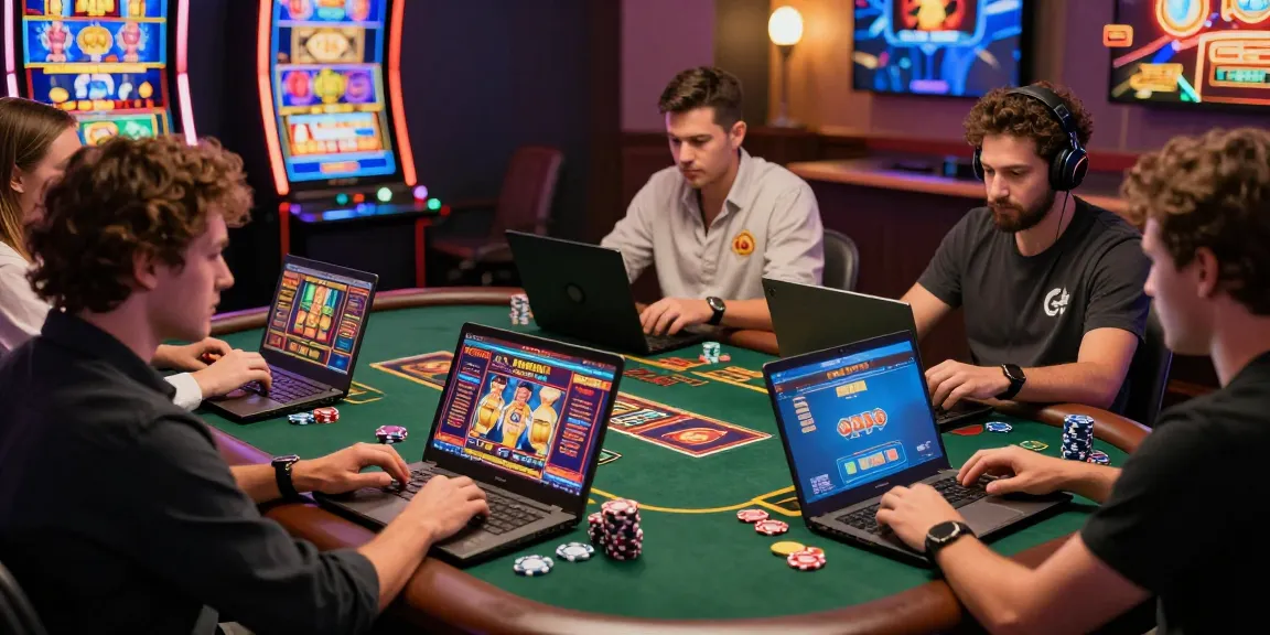 Engaging online casino players browsing Lemacau Login on laptops amidst vibrant gaming graphics.