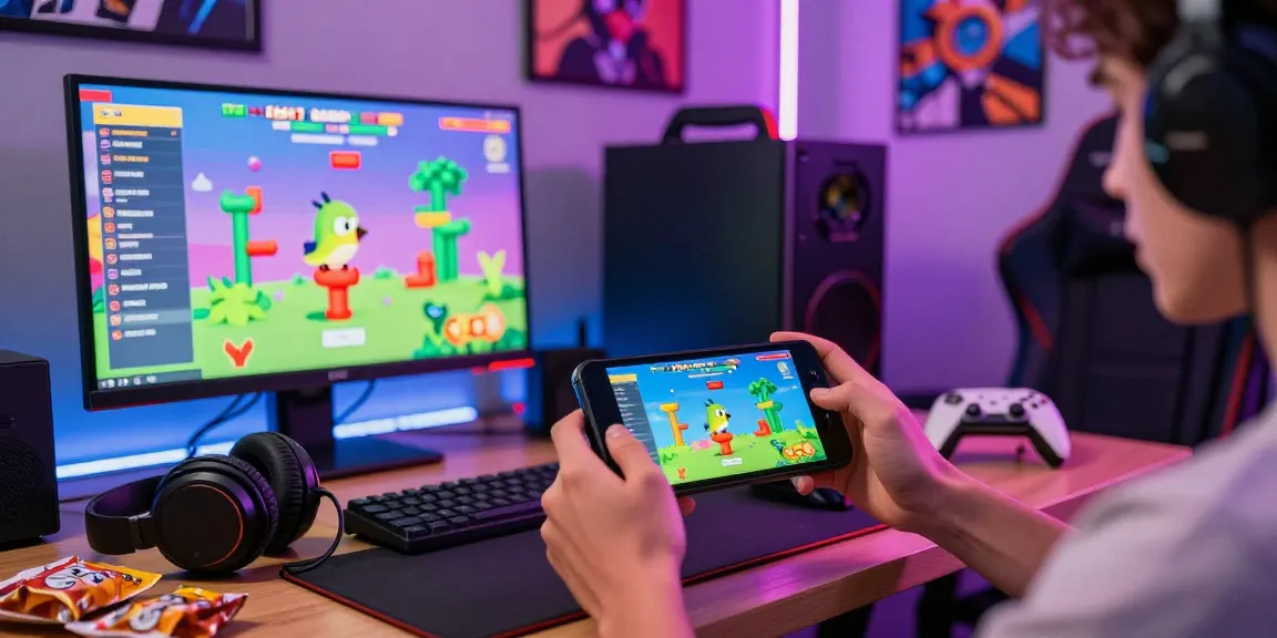 Engaged player enjoying the Tappy Bird game on a mobile device in a colorful gaming room.