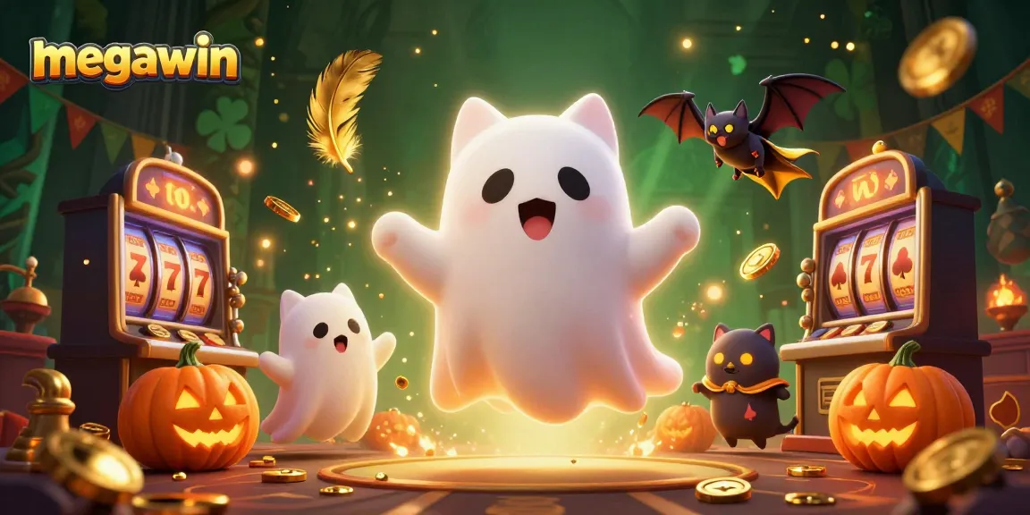 Experience a megawin with a ghost cat and bat in a haunted casino, surrounded by slot reels and winning tokens.