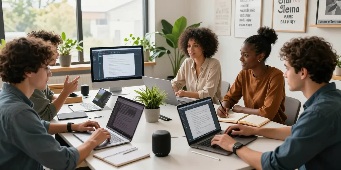 Diverse team using AI writing tools in a modern workspace during collaboration