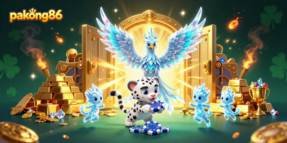 Experience the thrill of pakong86 with a vibrant 3D casino scene filled with mythical characters and treasures.