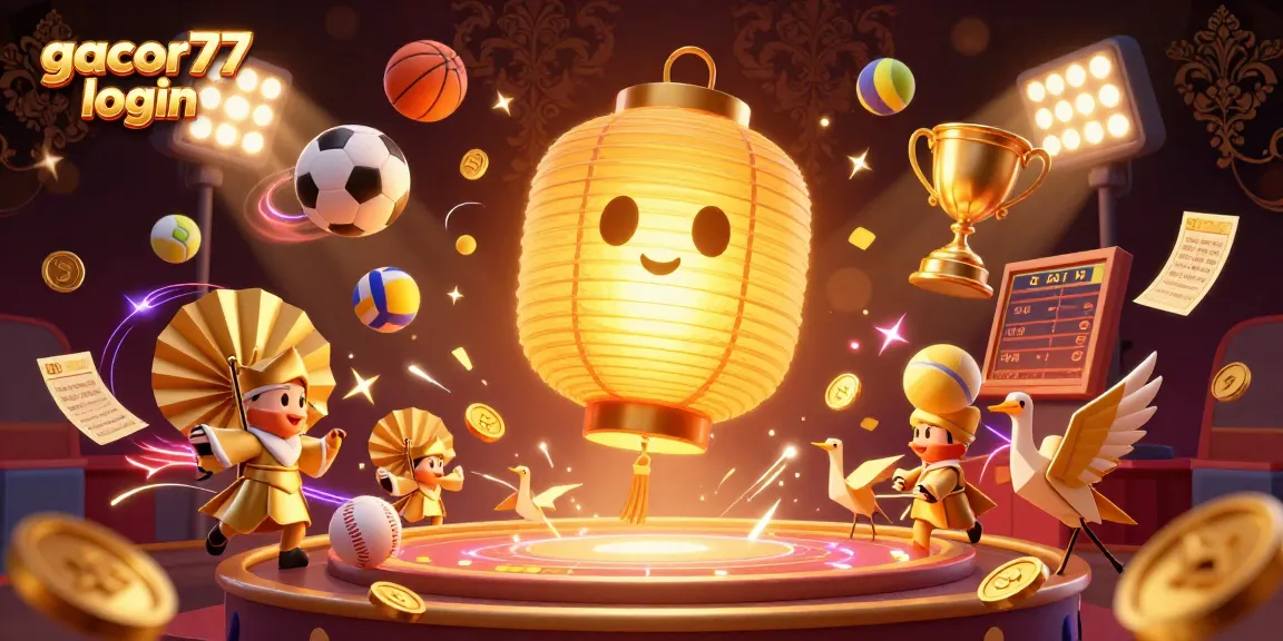 Experience gacor77 login with vibrant 3D casino elements, sports balls, and golden characters.