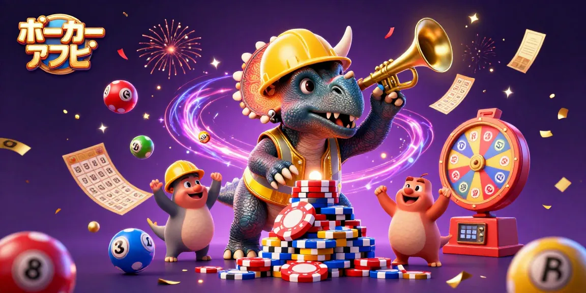 ポーカーアプリの祭典で、トリケラトプスがポーカーチップのピラミッドを作っているイラスト