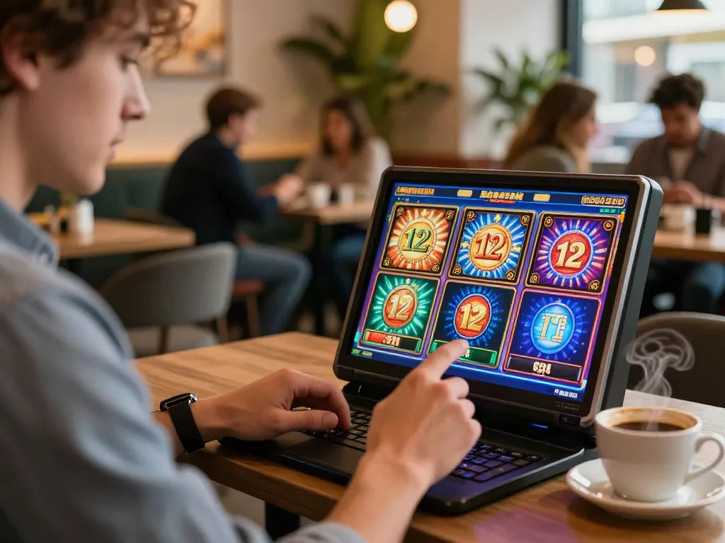 Experience luxury12 slots in a cozy café with coffee and game graphics.