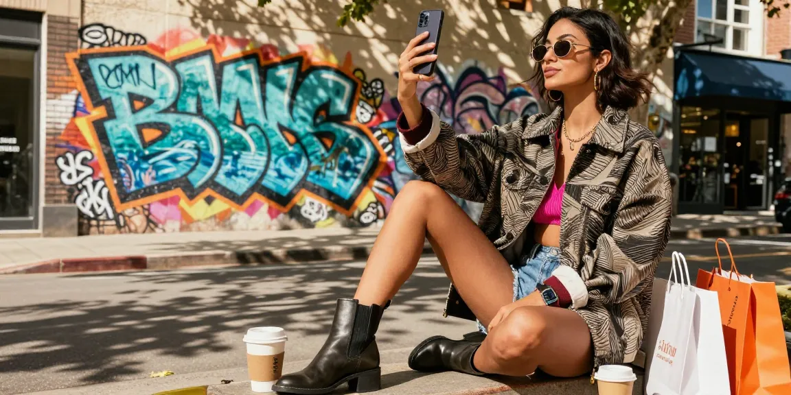 Fashion influencer capturing selfie to purchase high quality IG followers on a vibrant urban street.