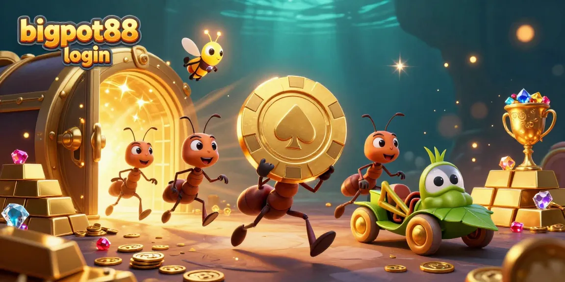 Join the fun at bigpot88 login as our animated ants carry a giant poker chip in this vibrant scene.