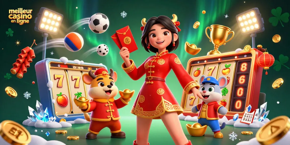 Découvrez l'excitation du meilleur casino en ligne avec des personnages vibrants et des éléments de casino festifs dispersés dans une scène animée.