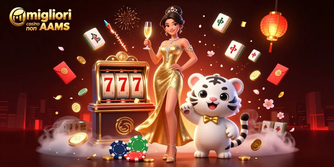 I migliori casino non AAMS presentano una donna glamour e un cucciolo di tigre fortunato in una vivace scena di casinò.