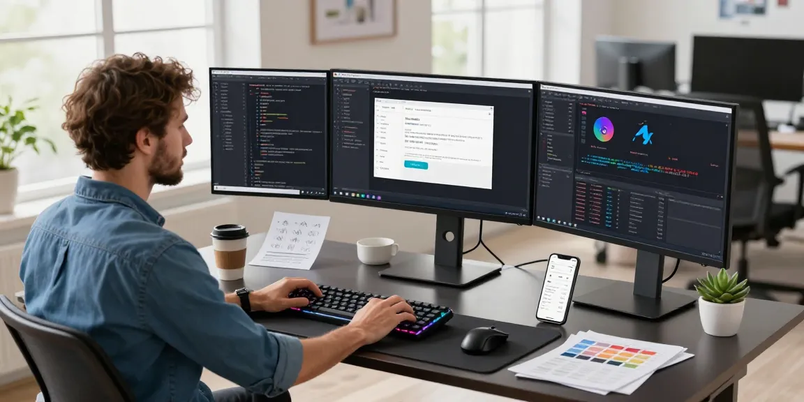 Snipaste官网 workspace scene showcasing developer's tools and coding environment in a modern office