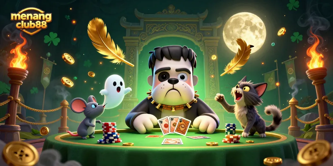 Experience the thrill of menangclub88 with a thrilling card game scene featuring thrilling characters and casino elements.