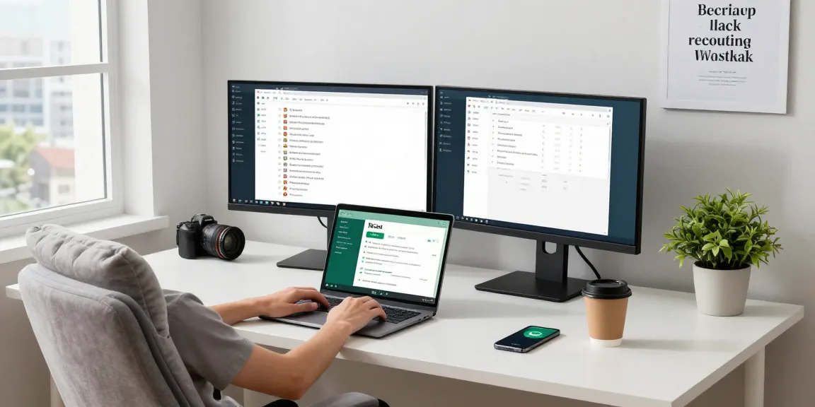 Modern workspace with a user engaging on WhatsApp網頁版 through dual monitors and laptop.
