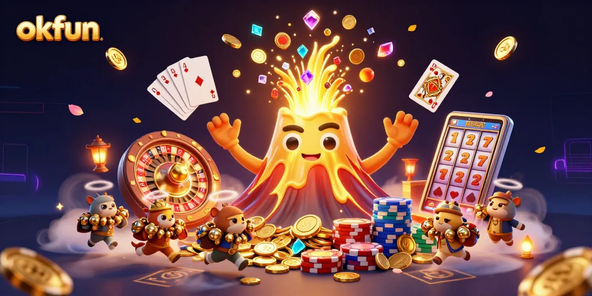 Experience exhilarating fun with okfun's dynamic gaming scene featuring a sentient volcano and cascading treasures.